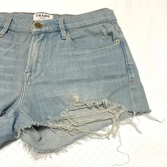 FRAME Le Cut Off Denim Shorts Hurrah Light Wash Raw Hem Distressed Size 27